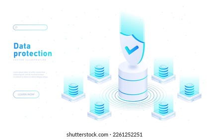 Datenschutzkonzept. Schild mit Prüfzeichen neben Computerservern. Antivirus, um Hacken zu verhindern, Überprüfung und Authentifizierung für die Sicherheit von Informationen. Cartoon isometrische Vektorgrafik