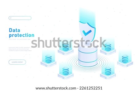 Data protection concept. Shield with check mark next to computer servers. Antivirus to prevent hacking, verification and authentication for safety of information. Cartoon isometric vector illustration