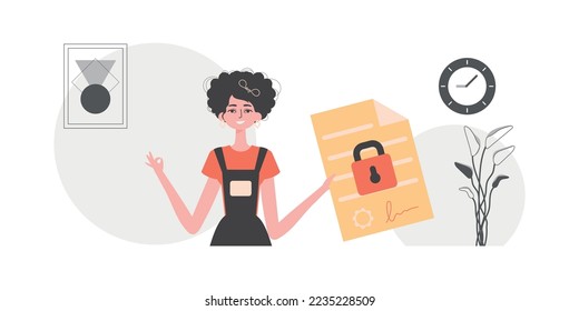 Data protection concept. Smart contract. The girl is holding a document.