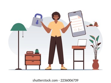 Concepto de protección de datos. Un contrato inteligente. Un hombre tiene un contrato o documento. Carácter de estilo de tendencia.