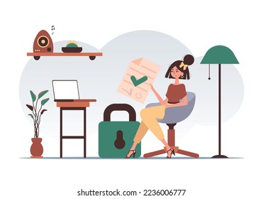 Data protection concept. Smart contract. A woman sits in a chair and holds a document in her hands. Trend style character.