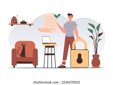 Data protection concept. Smart contract. The man is holding a document. Modern style character.
