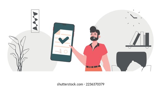 Concepto de protección de datos. Un contrato inteligente. El tipo está sosteniendo un documento.