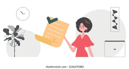 Data protection concept. Smart contract. The girl is holding a document.