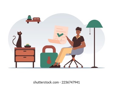 Data protection concept. Smart contract. A man sits in a chair and holds a document in his hands. Modern style character.