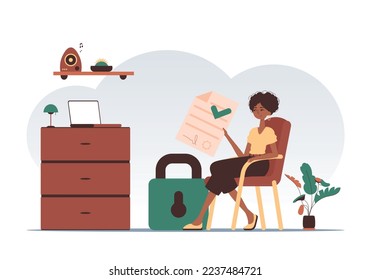 Data protection concept. Smart contract. A woman sits in a chair and holds a document in her hands. Modern trendy style.