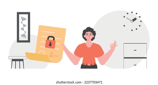 Concepto de protección de datos. Un contrato inteligente. Un hombre tiene un contrato o documento.