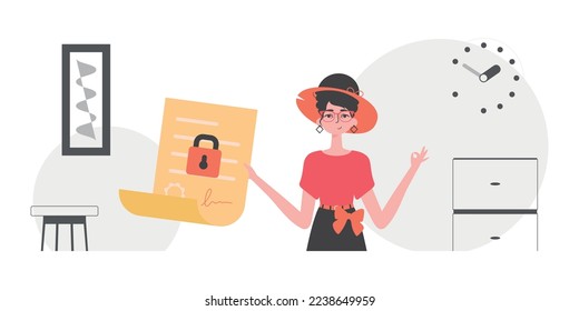 Data protection concept. Smart contract. The girl is holding a contract in her hand.