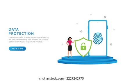 Data protection concept. Smartphone with fingerprint on screen and with padlock shield. Vector illustration