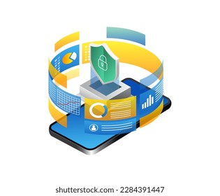 Data protection concept. Smartphone and shield on white background vector illustration