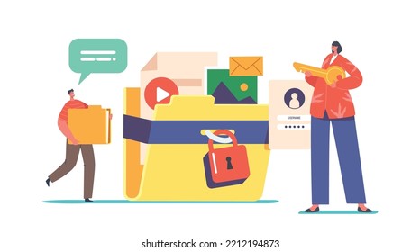 Data Protection Concept, Social Media Documents, Network Security, Tiny Characters with Huge Folder and Key Protect Media Files with Lock. Data Security And Privacy. Cartoon People Vector Illustration