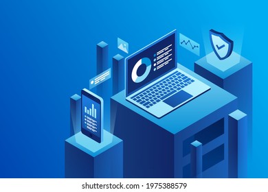 Data protection concept. Software access data as confidential. Can use for web banner, infographics, hero images. Flat isometric illustration isolated on blue background.