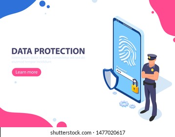 Data protection concept for web banner or infographic. Flat isometric illustration isolated on white background