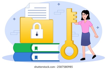 Data Protection Concept. Woman Character Holding Key near Computer with Strong Password. Security or Privacy in Internet, Personality Verification, Secure Kominfo Access. Cartoon Vector Illustration. 