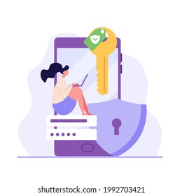 Data protection concept. Woman protecting personal data files with safe password on phone. Concept of Data security, shield and key, protecting information. Vector illustration in flat design for web