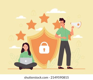 Datenschutzkonzept. Junge Männer und Frauen mit Laptop und Megaphon stehen neben geschlossenem digitalen oder Cyber-Sicherheitsschild. Schutz gegen Hacker-Angriffe. Cartoon-Flavektor-Vektorgrafik