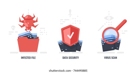 Data protection concepts, infected files, data security, virus scan, folder with files flat icon vector illustration