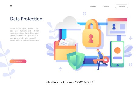 Data protection concept.Safety and confidential data protection, concept with characters. Internet security. Social Media. Can use for web banner, infographics,web page. Flat illustration. Vector 