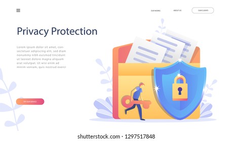 Data protection concept.Safety and confidential data protection, concept with characters. Internet security. Social Media. Can use for web banner, infographics,web page. Flat illustration. Vector 