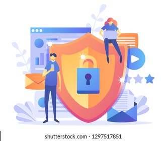 Data protection concept.Safety and confidential data protection, concept with characters. Internet security. Social Media. Can use for web banner, infographics,web page. Flat illustration. Vector 