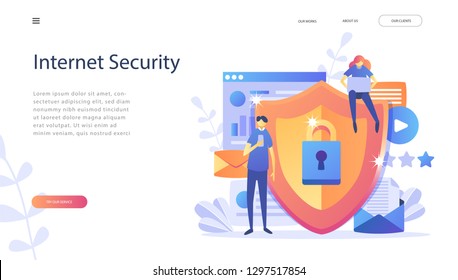 Data Protection Concept.Safety And Confidential Data Protection, Concept With Characters. Internet Security. Social Media. Can Use For Web Banner, Infographics,web Page. Flat Illustration. Vector 