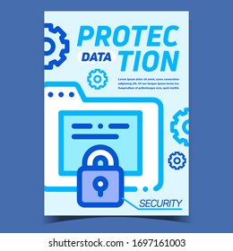 Data Protection Creative Advertising Banner Vector. Closed Padlock On Computer Folder File And Gears, Data Security Promotional Poster. Concept Template Stylish Colorful Illustration