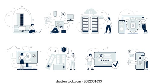 Data protection. Cyber development, database engineer and finance protect. Personal or business information saving, internet privacy recent vector scenes