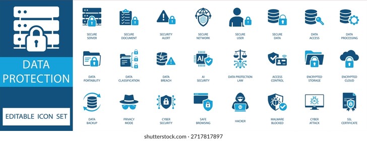  Conjunto de iconos de protección de datos y seguridad cibernética. Símbolos de Vector para seguridad en la nube, almacenamiento cifrado, seguridad de IA, privacidad y defensa de la red. Iconos de diseño plano editables.