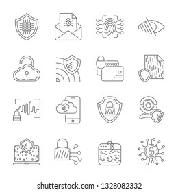 Data protection and cyber security thin line icons set. Cyber security, data and network protection. Protection technology, web services for business and internet safety.
Editable Stroke. EPS 10