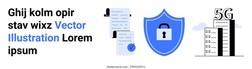 Data protection, cybersecurity, 5G technology, internet privacy, secure communications, digital safety. Visual of a shield lock, documents and network tower. Cybersecurity and data protection