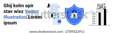 Data protection, cybersecurity, 5G technology, internet privacy, secure communications, digital safety. Visual of a shield lock, documents and network tower. Cybersecurity and data protection