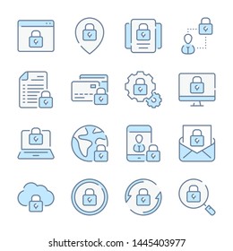 Data protection, Cybersecurity and Network privacy related blue line colored icons.