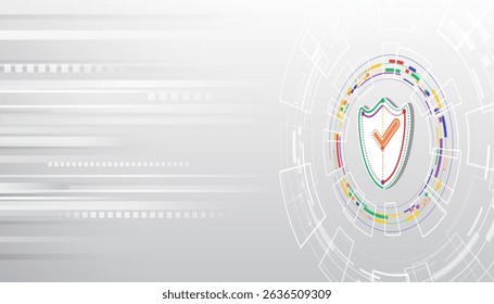 Data protection and cybersecurity. A stylized shield surrounded by digital elements, charts and circular lines, emphasizing the theme of digital security, trust and access control.
