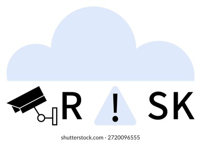 Protección de datos, ciberseguridad, vigilancia, gestión de riesgos, conformidad, almacenamiento en la nube. Los Elementos visuales incluyen una cámara de vigilancia, un ícono de la nube y una señal de advertencia. Ciberseguridad y riesgo