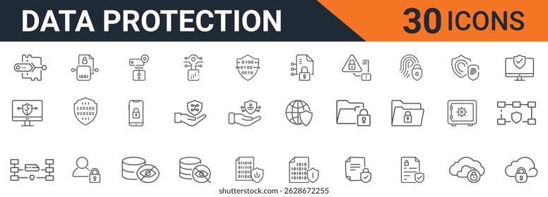 Data Protection and Cybersecurity Vector Icons – Secure Network, Privacy Shield, Encryption, Firewall, Cloud Security and Access Control Symbols