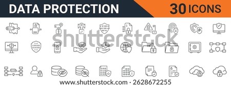Data Protection and Cybersecurity Vector Icons – Secure Network, Privacy Shield, Encryption, Firewall, Cloud Security and Access Control Symbols