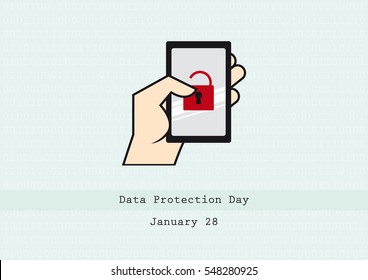 Data Protection Day Vector. Hand With Mobile Phone. Secure Mobile Phone Vector Illustration. Important Day