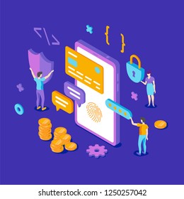 Data protection design concept, flat isometric vector illustration with characters. Bright, colorful image for presentation, web, advertisement, banner.