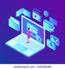 Data protection. Desktop pc with authorization form on screen, personal data protection. User female character. Data access, login form on laptop screen. 3d isometric design. Vector illustration.