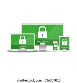 Data protection for devices - realistic mobile phone, tablet, laptop, monitor (pc). Green screen vector illustration security protection with padlock (lock) and button isolated on white background.