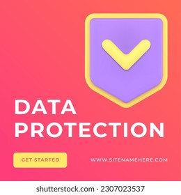 Data protection digital secure service shield done check mark social media post 3d icon vector illustration. Personal information safety storage cyberspace privacy antivirus confidence password access
