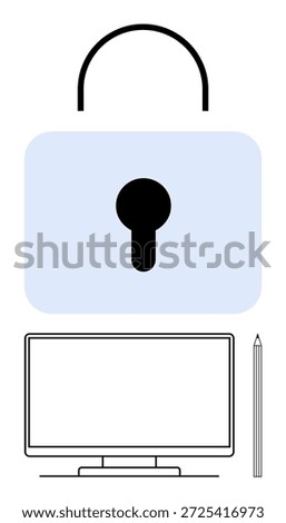 Data protection, digital security, online privacy, identity protection, safe technology use, cyber awareness. Lock icon over a monitor and a pencil. Data protection and digital security concept