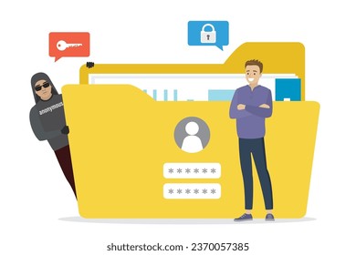 Data protection, effective antivirus or firewall. Sensitive data, happy businessman with yellow folder. Hacker attack, network piracy danger. Hacker want steal passwords and information. Flat vector 