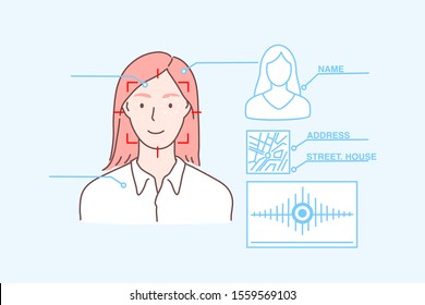 Data Protection, Face Id, Biometric Scan, Security Concept. Young Woman Businesswoman Has Installed Modern Digital Recognition App On Gadget. Girl Student Uses Faceid To Unlock, Privacy. Flat Vector