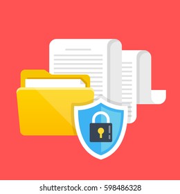 Data protection, file security and access rights concepts. Folder, documents and shield with lock icon. Modern flat design graphic elements. Vector illustration isolated on red background