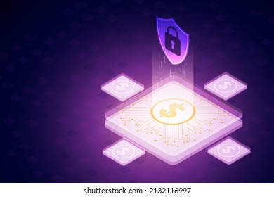 Data Protection Financial Security Shield And Padlock Icon With Keyhole In Cybersecurity Of Financial Data On Dark Purple Background.  Isometric Vector Illustration.