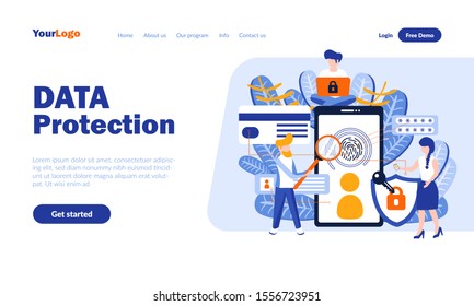 Data protection flat landing page template with header. Information security web banner, homepage design. Code, password, fingerprint scanner vector illustration. Secure access concept