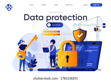 Datenschutzflache Landungsseite. Cybersecurity-Fachberatung mit Client-Vektorgrafik. Datensicherheit System, Informationen Vertraulichkeit Website Zusammensetzung mit Personen Zeichen.