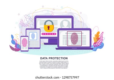 Data protection flat vector concept. Fingerprint recognition sensor to identify owner of device. Password, account access control to personal information. Protection against hackers.