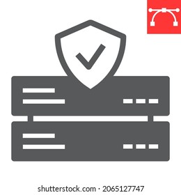 Icono de glifo de protección de datos, base de datos y escudo, icono de vector de protección del servidor, gráficos vectoriales, signo sólido de trazo editable, eps 10.